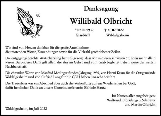 Traueranzeige von Willibald Olbricht von vrm-trauer Allgemeine  Zeitung Ingelheim-Bingen