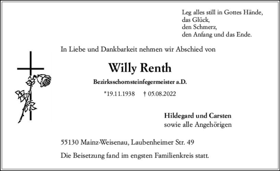 Traueranzeige von Willy Renth von vrm-trauer AZ Mainz