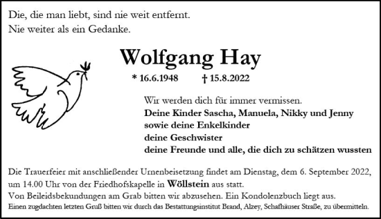 Traueranzeige von Wolfgang Hay von vrm-trauer Allgemeine Zeitung Alzey