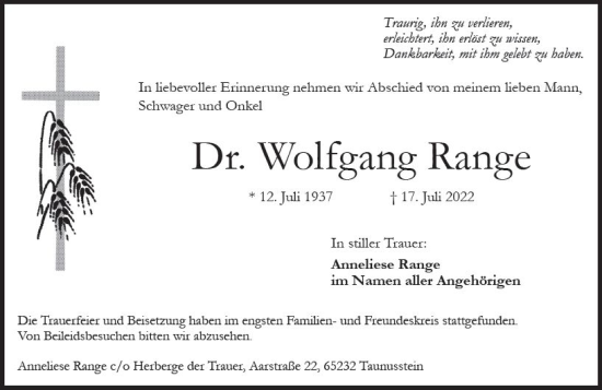 Traueranzeige von Wolfgang Range von vrm-trauer Wiesbadener Kurier