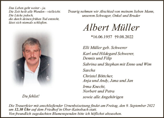 Traueranzeige von Albert Müller von vrm-trauer Odenwälder Echo