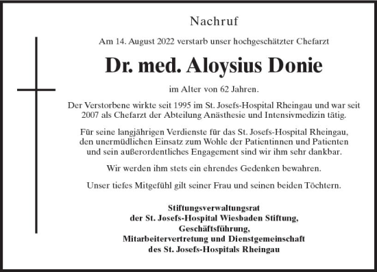 Traueranzeige von Aloysius Donie von vrm-trauer Wiesbadener Kurier