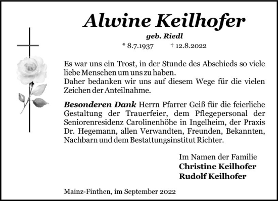 Traueranzeige von Alwine Keilhofer von vrm-trauer AZ Mainz
