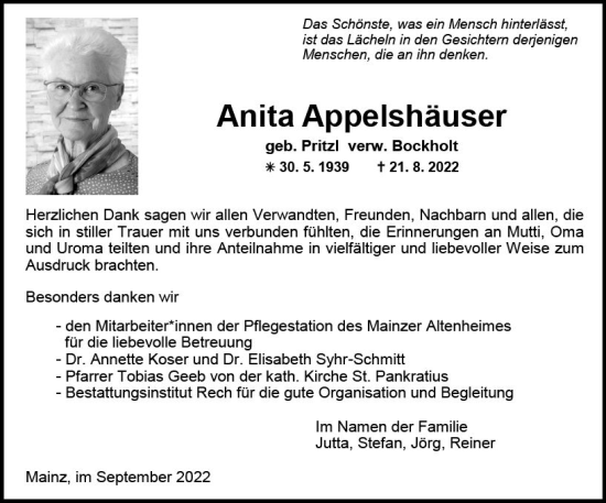 Traueranzeige von Anita Appelshäuser von vrm-trauer AZ Mainz