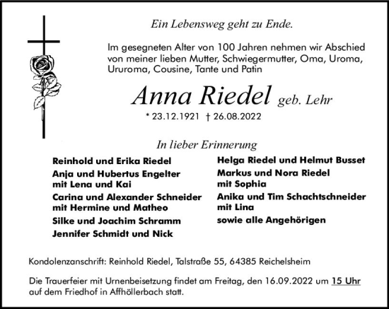 Traueranzeige von Anna Riedel von vrm-trauer Odenwälder Echo