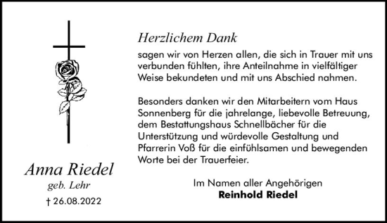 Traueranzeige von Anna Riedel von vrm-trauer Odenwälder Echo