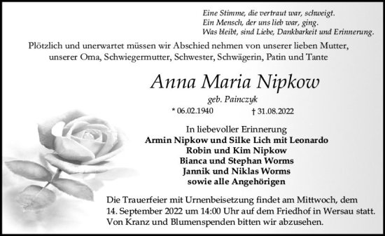 Traueranzeige von Anna Maria Nipkow von vrm-trauer Odenwälder Echo