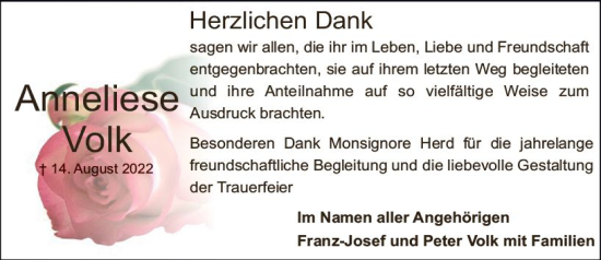 Traueranzeige von Anneliese Volk von vrm-trauer Bürstädter/Lamperth. Ztg/Starkenburger
