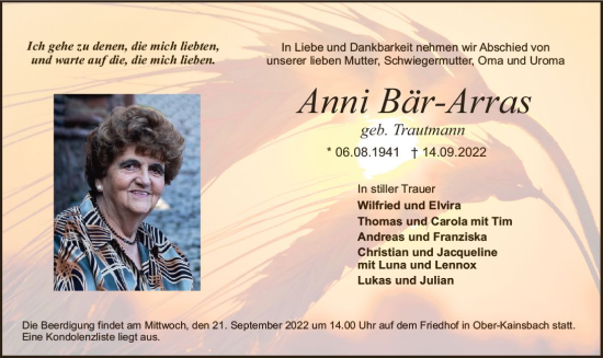 Traueranzeige von Anni Bär-Arras von vrm-trauer Odenwälder Echo