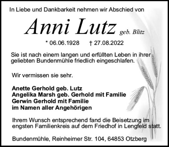Traueranzeige von Anni Lutz von vrm-trauer Darmstädter Echo