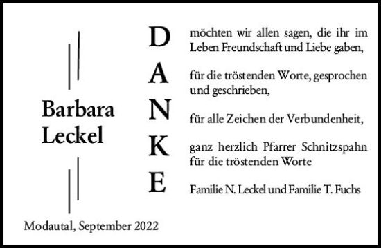 Traueranzeige von Barbara Leckel von vrm-trauer Darmstädter Echo
