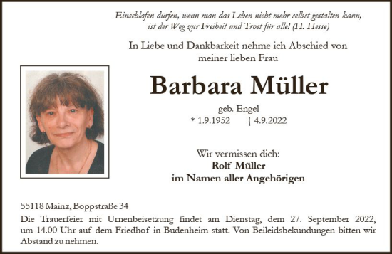 Traueranzeige von Barbara Müller von vrm-trauer AZ Mainz
