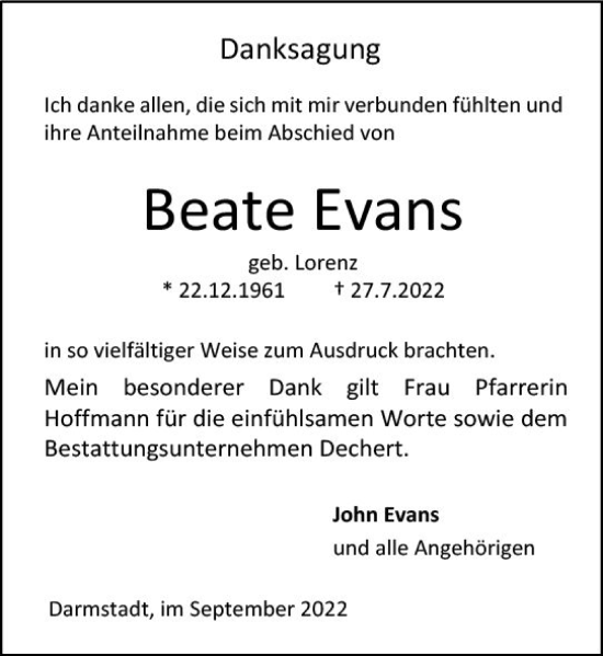Traueranzeige von Beate Evans von vrm-trauer Darmstädter Echo