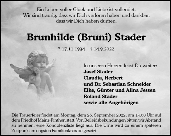 Traueranzeige von Brunhilde Stader von vrm-trauer AZ Mainz