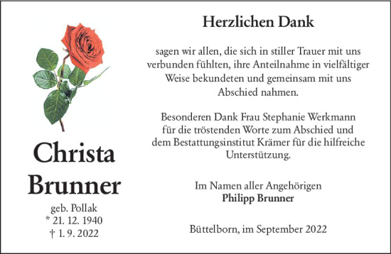 Traueranzeige von Christa Brunner von vrm-trauer Groß-Gerauer Echo