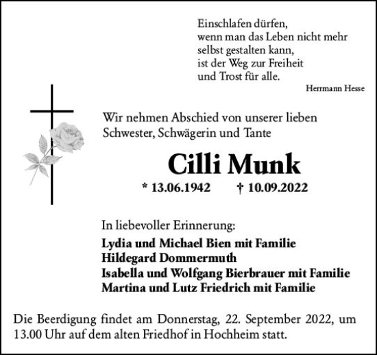 Traueranzeige von Cilli Munk von vrm-trauer Hochheimer Zeitung