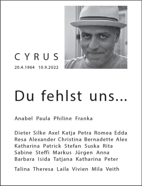 Traueranzeige von Cyrus Fanai von vrm-trauer Wiesbadener Kurier