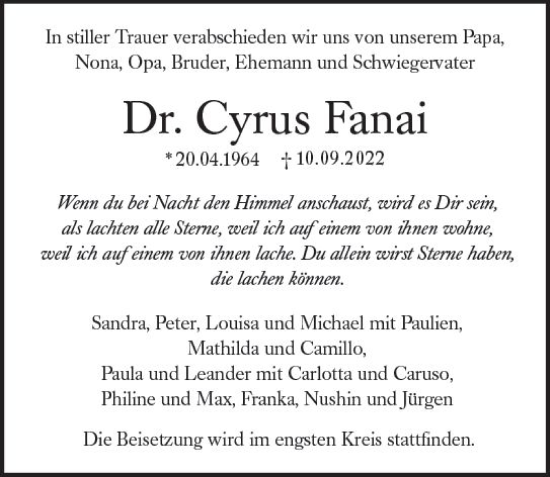 Traueranzeige von Cyrus Fanai von vrm-trauer Wiesbadener Kurier
