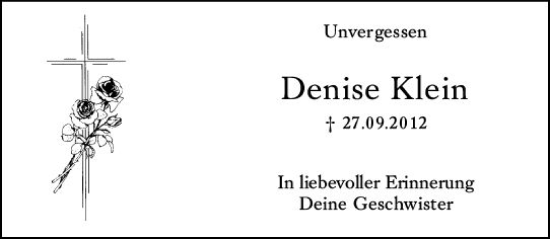Traueranzeige von Denise Klein von vrm-trauer Wiesbadener Kurier