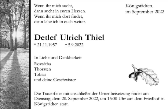 Traueranzeige von Detlef Ulrich Thiel von vrm-trauer Rüsselsheimer Echo / MainSpitze