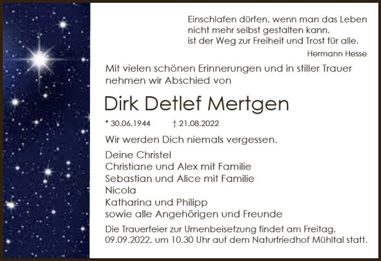 Traueranzeige von Dirk Detlef Mertgen von vrm-trauer Darmstädter Echo