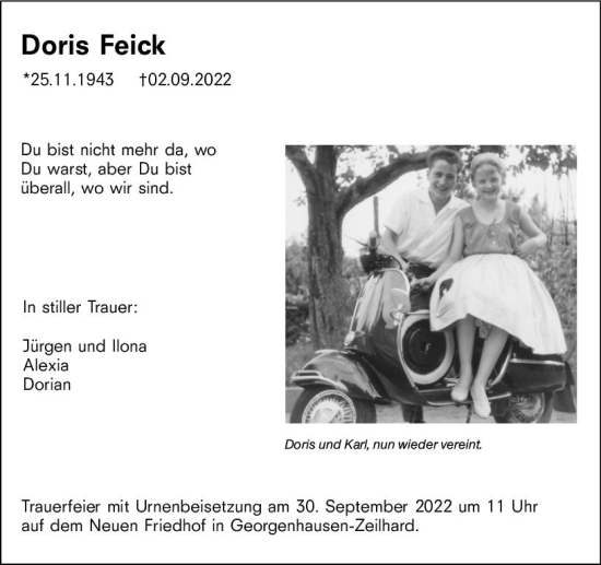 Traueranzeige von Doris Feick von vrm-trauer Darmstädter Echo