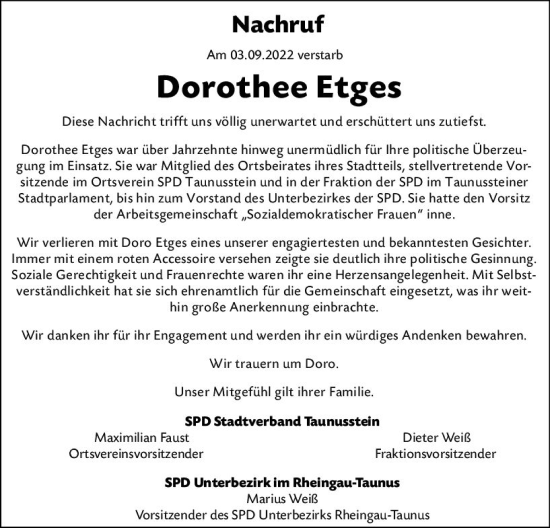 Traueranzeige von Dorothee Etges von vrm-trauer WK-UTA