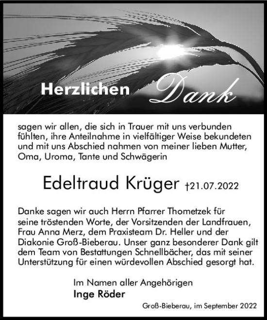 Traueranzeige von Edeltraud Krüger von vrm-trauer Darmstädter Echo