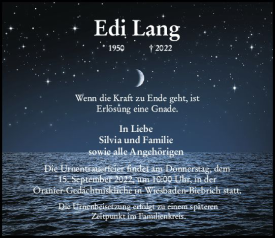 Traueranzeige von Edi Lang von vrm-trauer Wiesbadener Kurier