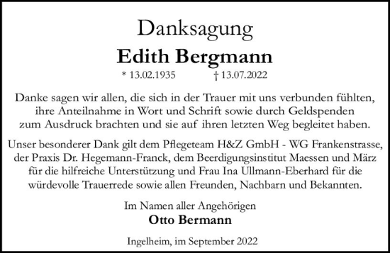 Traueranzeige von Edith Bergmann von vrm-trauer Allgemeine  Zeitung Ingelheim-Bingen