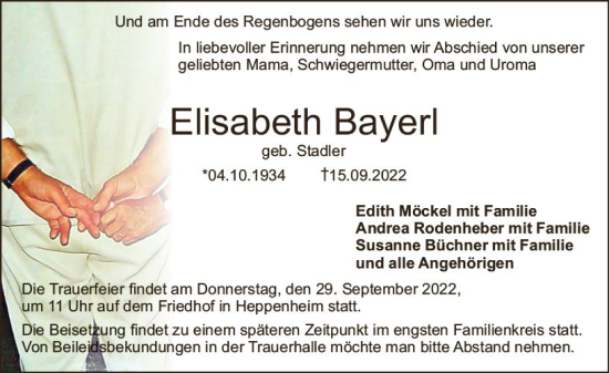 Traueranzeige von Elisabeth Bayerl von vrm-trauer Bürstädter/Lamperth. Ztg/Starkenburger
