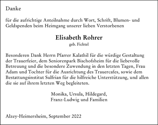 Traueranzeige von Elisabeth Rohrer von vrm-trauer Allgemeine Zeitung Alzey