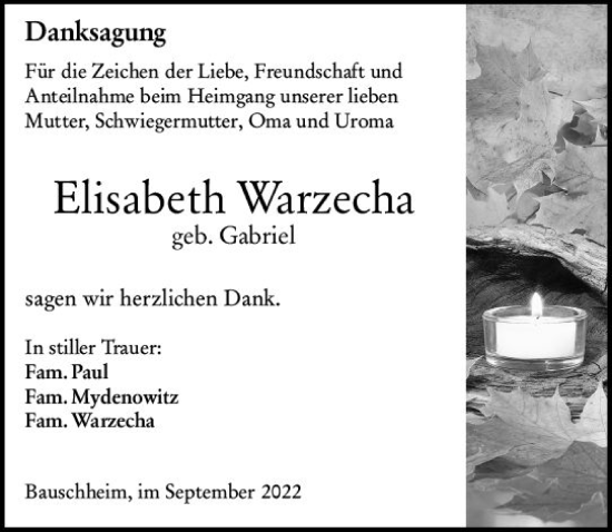 Traueranzeige von Elisabeth Warzecha von vrm-trauer Rüsselsheimer Echo / MainSpitze