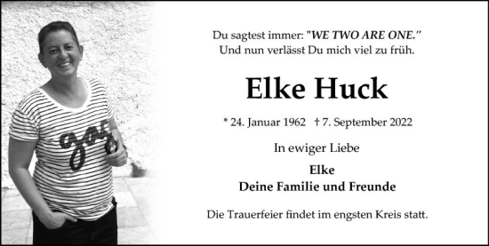 Traueranzeige von Elke Huck von vrm-trauer Wiesbadener Kurier