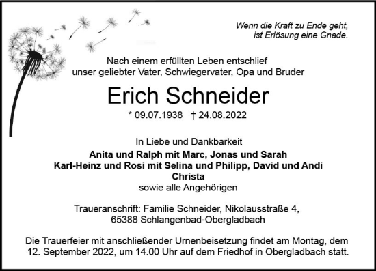 Traueranzeige von Erich Schneider von vrm-trauer Wiesbadener Kurier