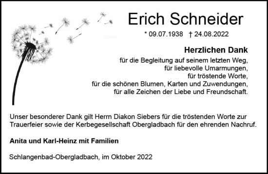 Traueranzeige von Erich Schneider von vrm-trauer Wiesbadener Kurier