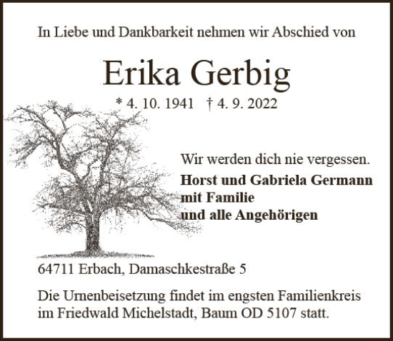 Traueranzeige von Erika Gerbig von vrm-trauer Odenwälder Echo