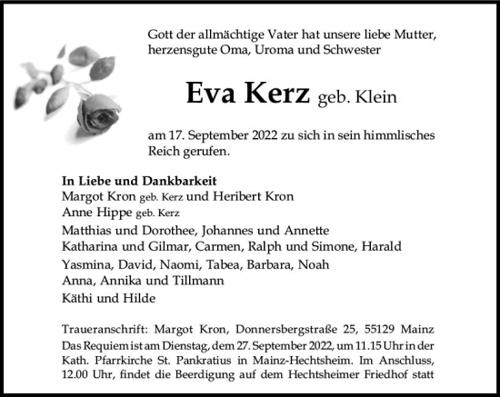 Traueranzeige von Eva Kerz von vrm-trauer AZ Mainz