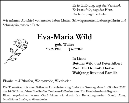 Traueranzeige von Eva-Maria Wild von vrm-trauer Allgemeine  Zeitung Ingelheim-Bingen
