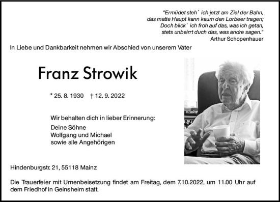 Traueranzeige von Franz Strowik von vrm-trauer Rüsselsheimer Echo / MainSpitze
