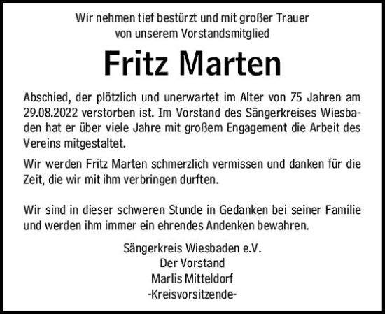 Traueranzeige von Fritz Marien von vrm-trauer Wiesbadener Kurier