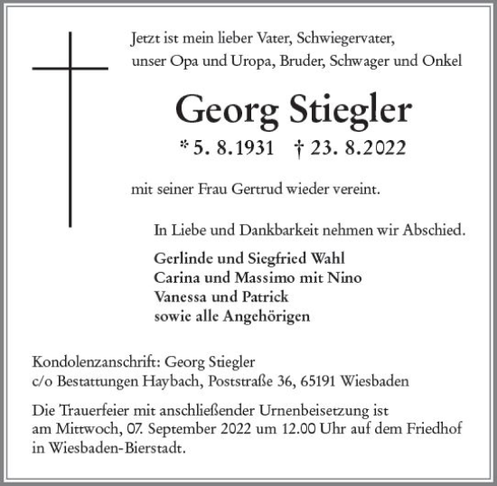 Traueranzeige von Georg Stiegler von vrm-trauer Wiesbadener Kurier