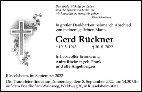 Traueranzeige von Gerd Rückner von vrm-trauer Rüsselsheimer Echo / MainSpitze