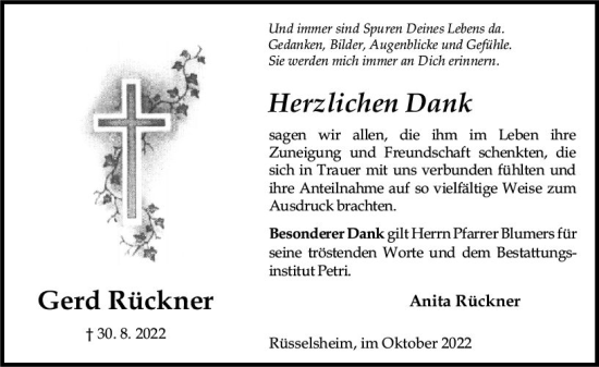 Traueranzeige von Gerd Rückner von vrm-trauer Rüsselsheimer Echo / MainSpitze