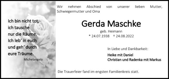 Traueranzeige von Gerda Maschke von vrm-trauer Darmstädter Echo