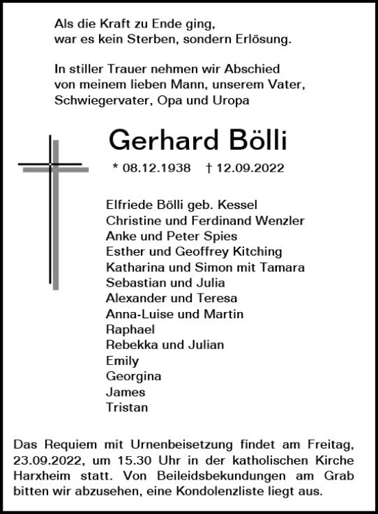 Traueranzeige von Gerhard Bölli von vrm-trauer AZ Mainz