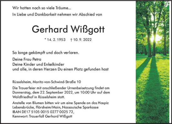 Traueranzeige von Gerhard Wißgott von vrm-trauer Rüsselsheimer Echo / MainSpitze