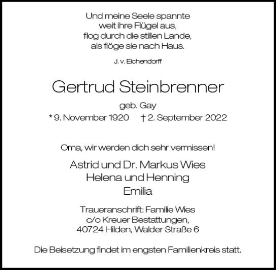 Traueranzeige von Gertrud Steinbrenner von vrm-trauer Rüsselsheimer Echo / MainSpitze