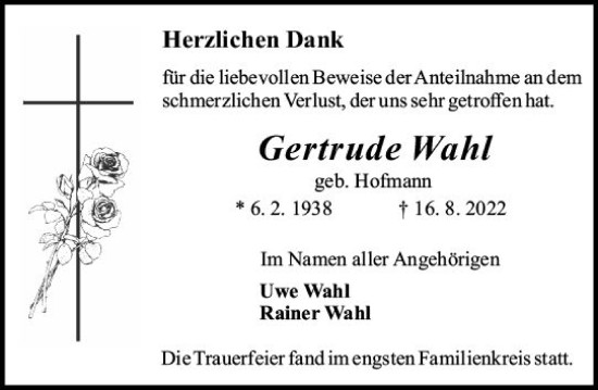 Traueranzeige von Gertrude Wahl von vrm-trauer Rüsselsheimer Echo / MainSpitze