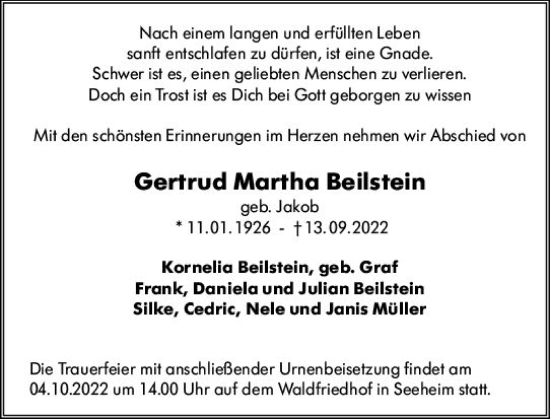 Traueranzeige von Gertrud Martha Beilstein von vrm-trauer Darmstädter Echo